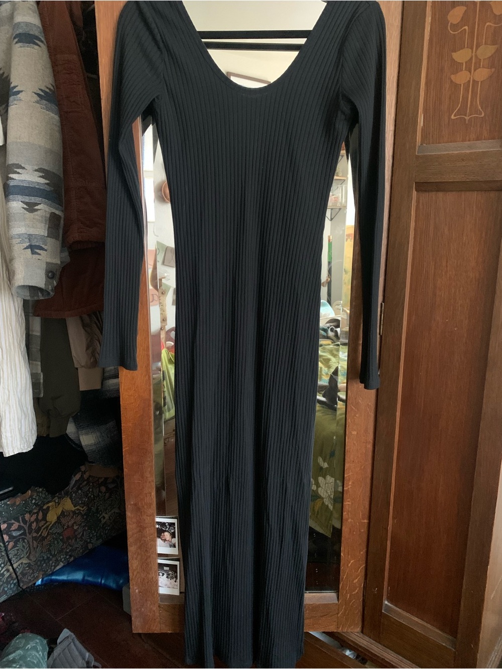 American Eagle Outfitters Black Ribbed Long-Sleeve Maxi Dress